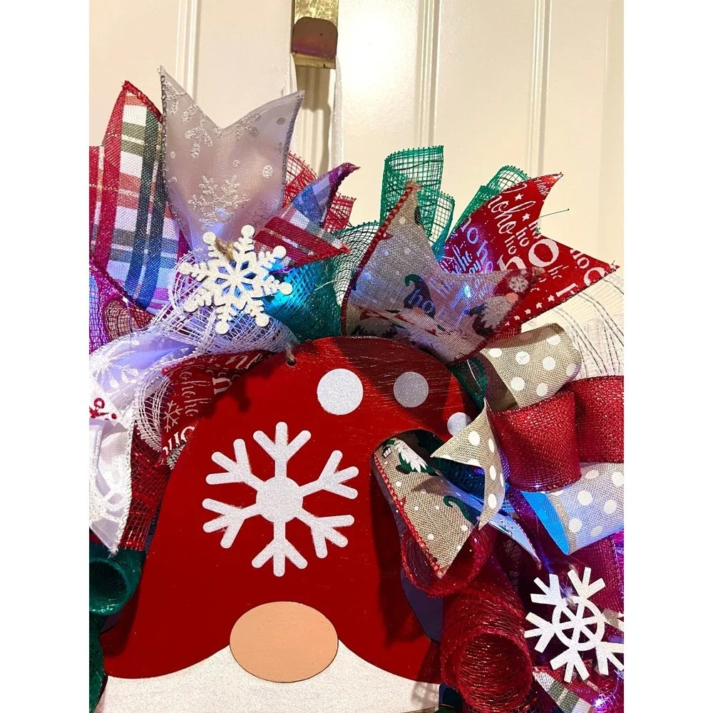 Christmas Snowflake Gnome Holiday Ribbon Door Wreath Handmade 22 ins LED W10